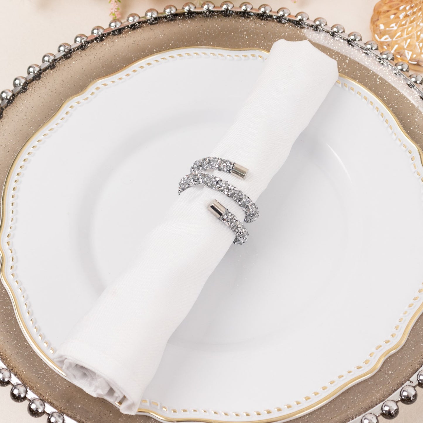 4 Pack Silver Rhinestone Swirl Napkin Rings, Sparkle Cloth Napkin Holders