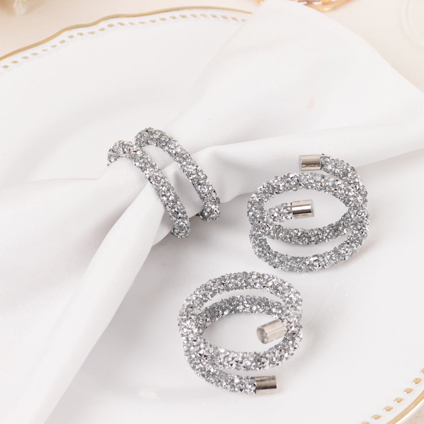 4 Pack Silver Rhinestone Swirl Napkin Rings, Sparkle Cloth Napkin Holders