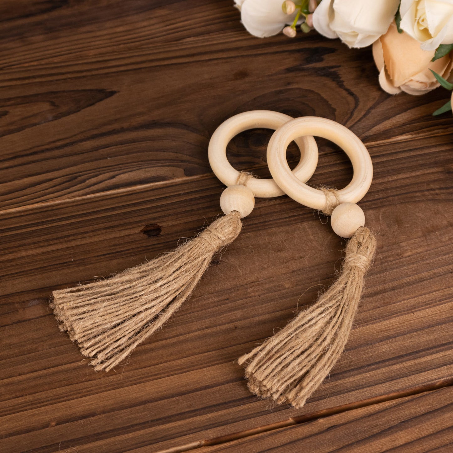 4 Pack Cream Wooden Napkin Rings with Woven Jute Beaded Tassel, Rustic Boho Chic Serviette Buckles