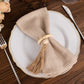 4 Pack Cream Wooden Napkin Rings with Woven Jute Beaded Tassel, Rustic Boho Chic Serviette Buckles
