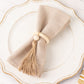 4 Pack Cream Wooden Napkin Rings with Woven Jute Beaded Tassel, Rustic Boho Chic Serviette Buckles