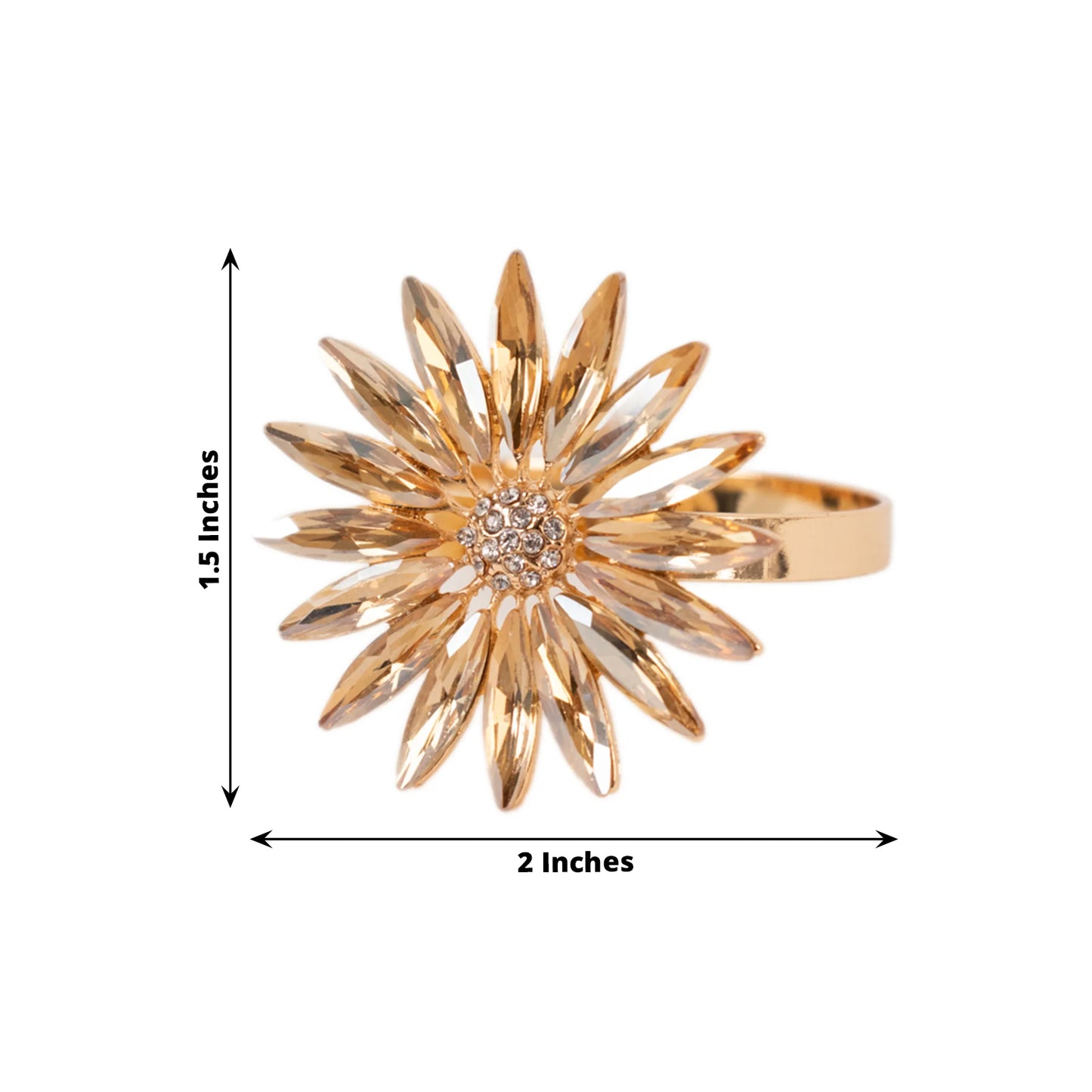 4 Pack Amber Gold Daisy Floral Metal Napkin Holders with Rhinestone Accents, Decorative Napkin Rings - 2"