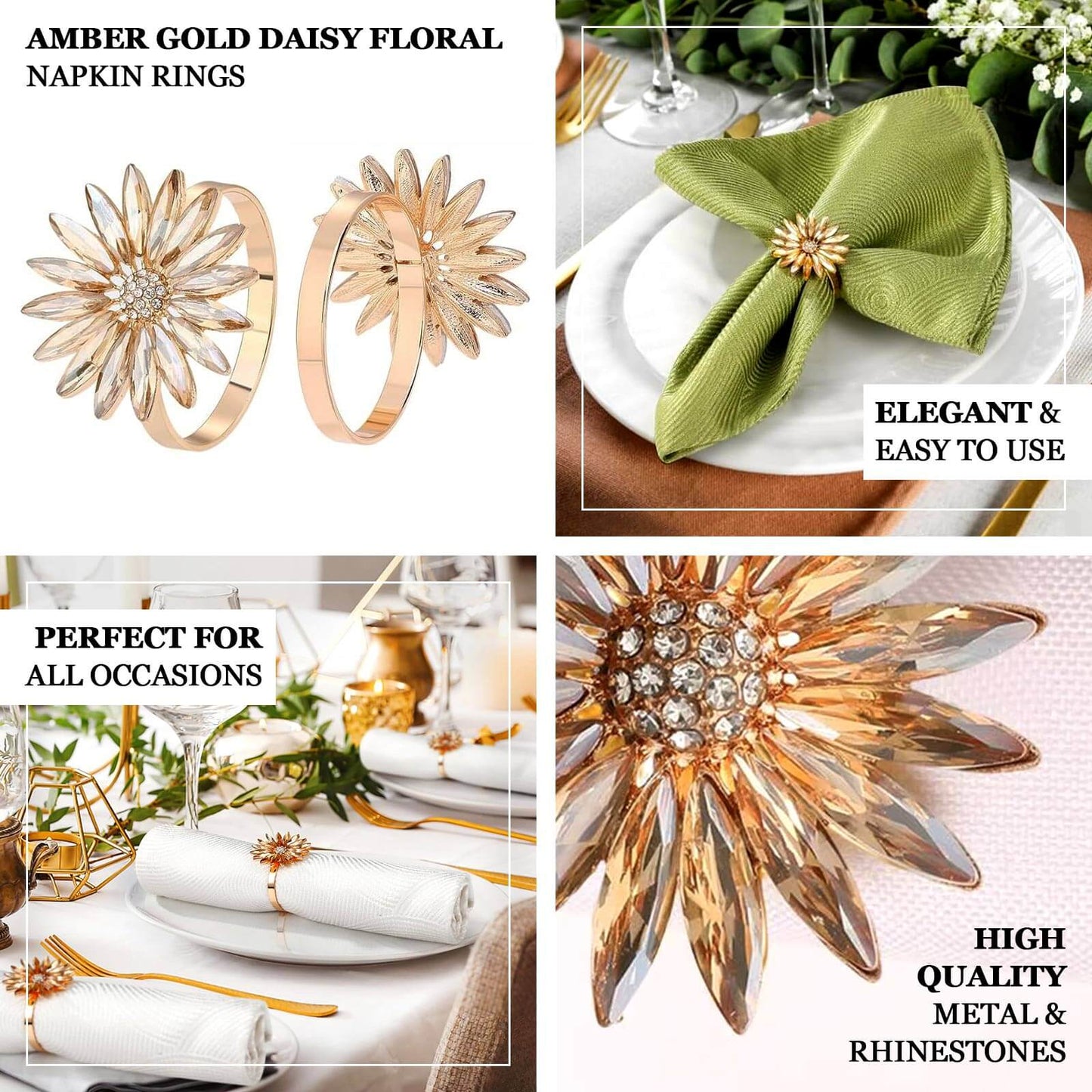 4 Pack Amber Gold Daisy Floral Metal Napkin Holders with Rhinestone Accents, Decorative Napkin Rings - 2"