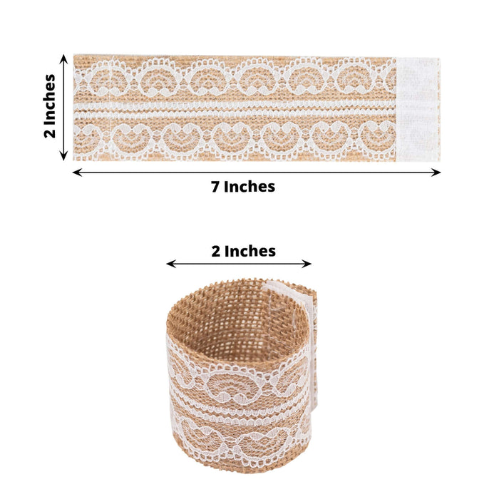 6 Pack | Rustic Boho Chic Burlap and Lace Napkin Rings, Farmhouse Style Jute Serviette Buckles Holder