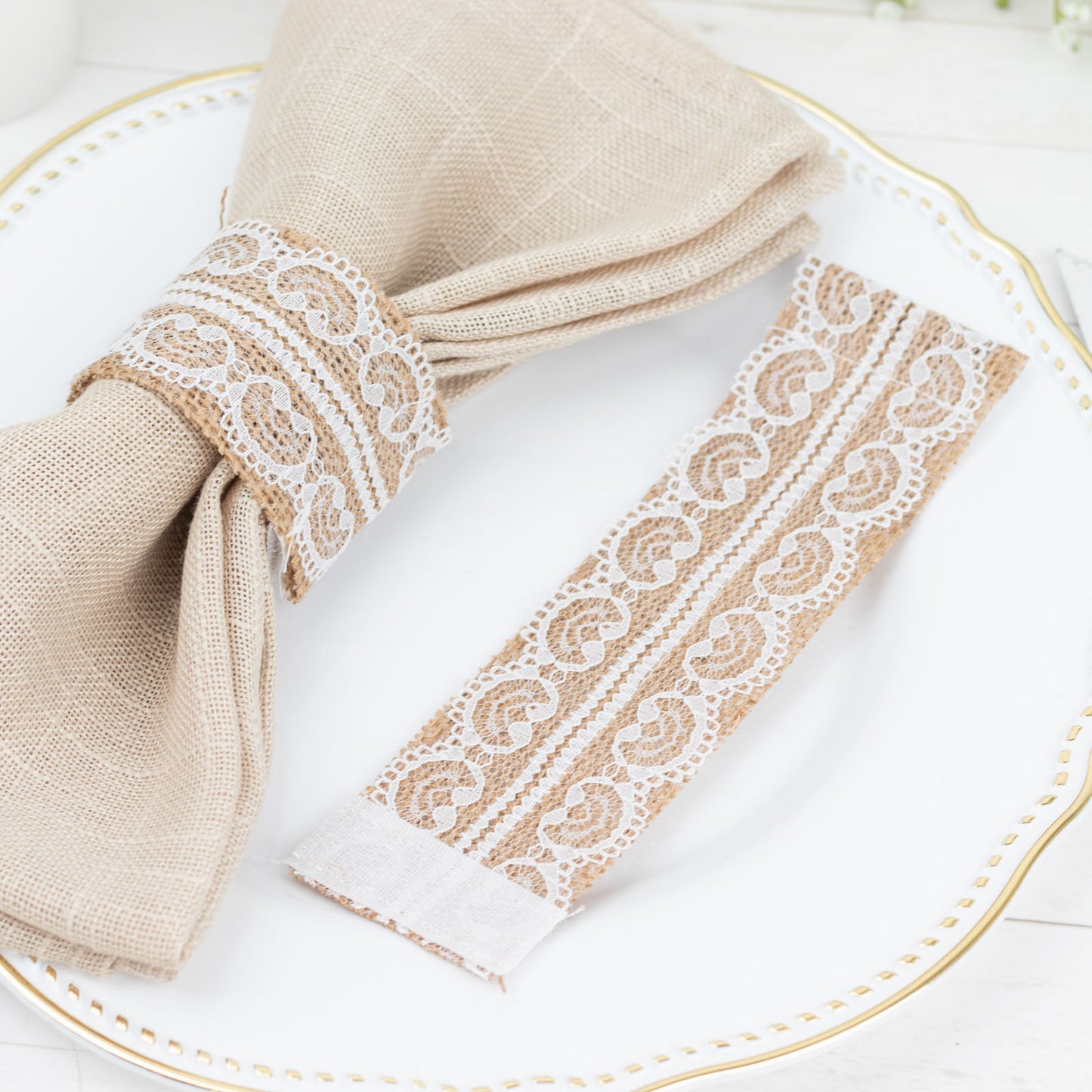 6 Pack | Rustic Boho Chic Burlap and Lace Napkin Rings, Farmhouse Style Jute Serviette Buckles Holder