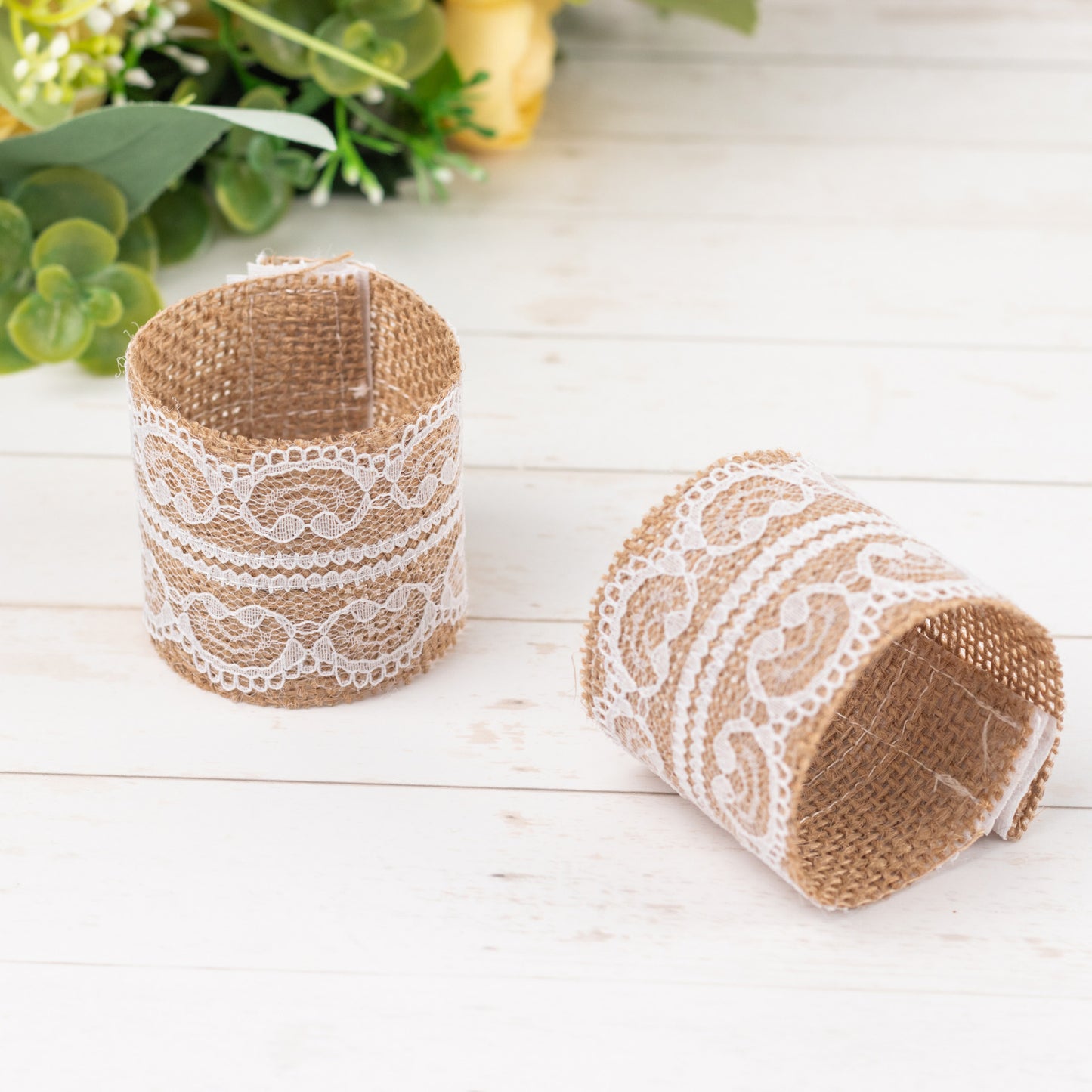 6 Pack | Rustic Boho Chic Burlap and Lace Napkin Rings, Farmhouse Style Jute Serviette Buckles Holder