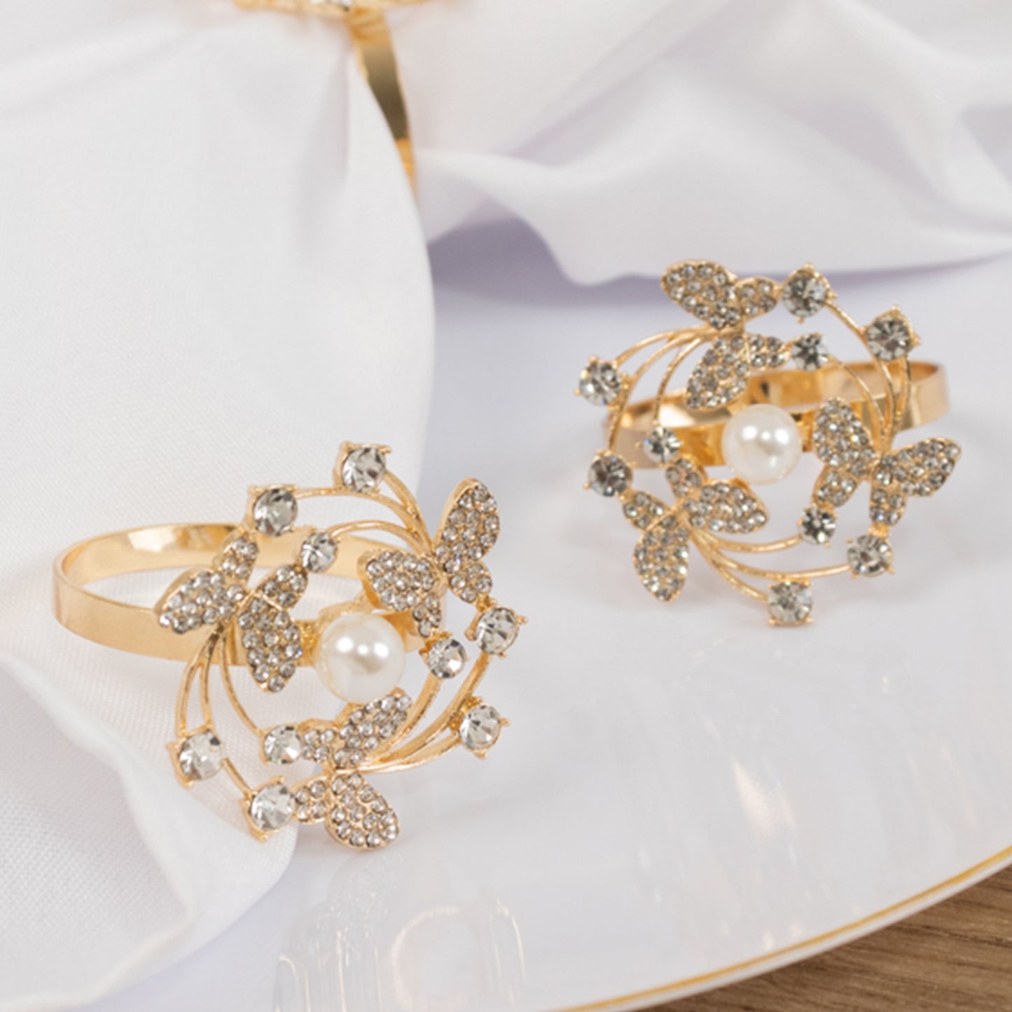 4 Pack Gold Metal Butterfly Napkin Rings with Pearl and Rhinestone Accents, Elegant Table Decoration for Weddings, Events, and Parties