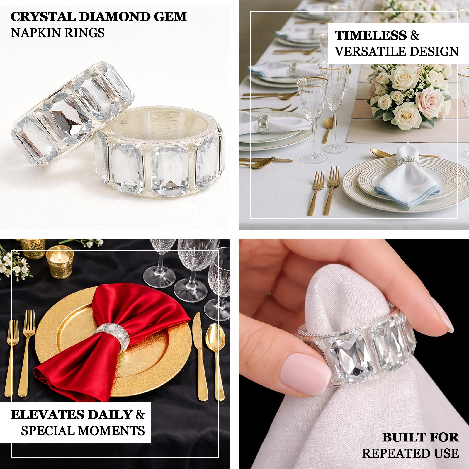 Crystal diamond gem napkin rings for elegant table decor.