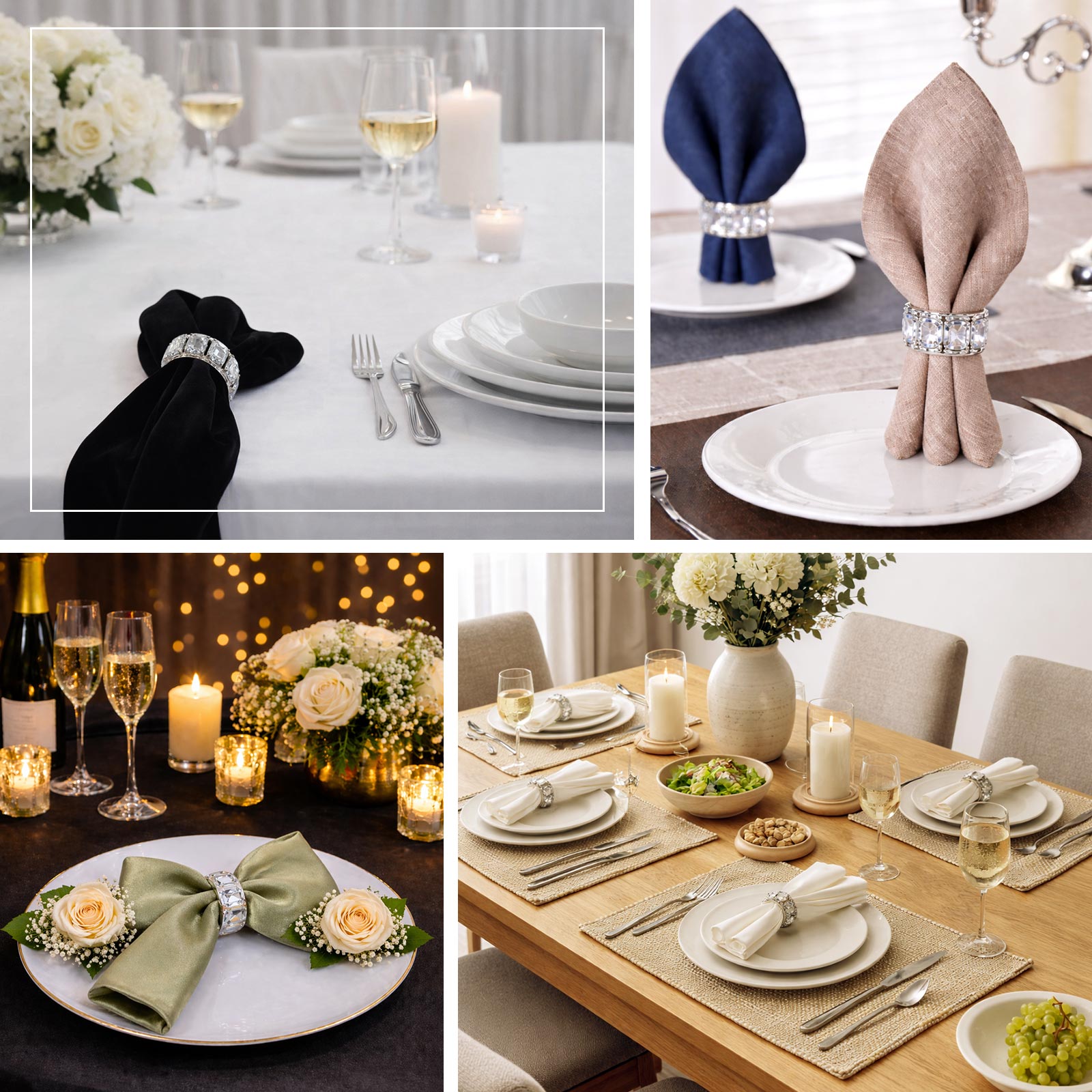 Crystal diamond gem napkin rings for elegant table decor in various settings.
