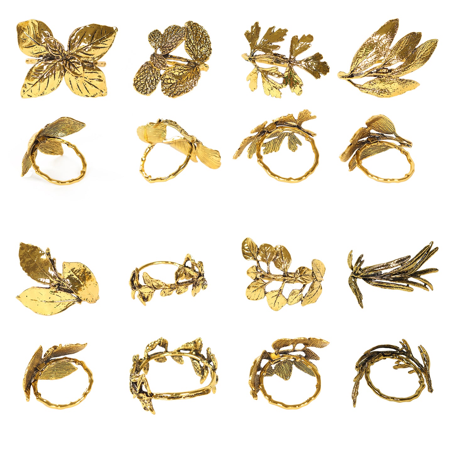 Glossy gold metal leaf napkin rings, vintage herb design. #whtbkgd