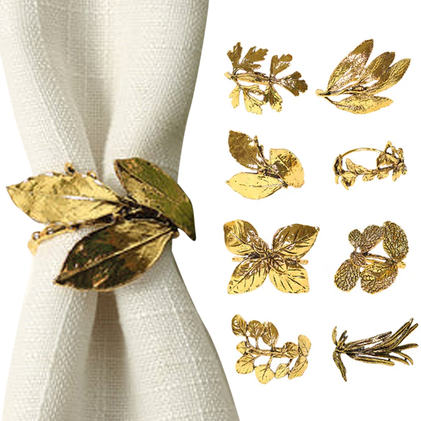Glossy gold metal leaf napkin rings, vintage herb napkin holders. #whtbkgd