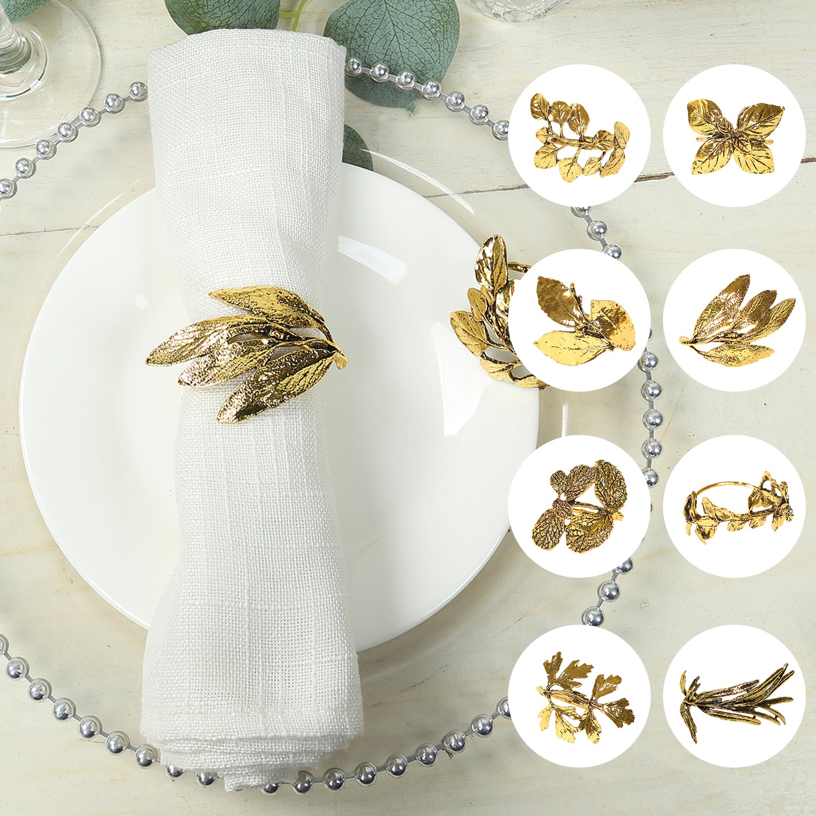 Glossy gold metal leaf napkin rings in a vintage herb design.