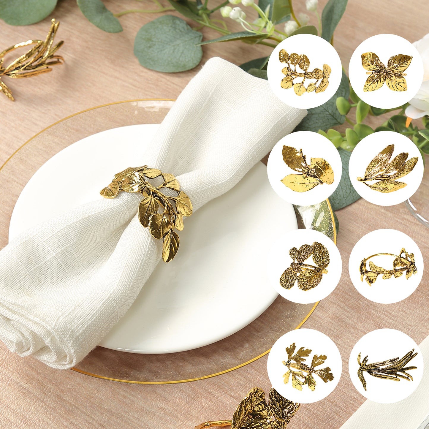Glossy gold metal leaf napkin rings for elegant table settings.