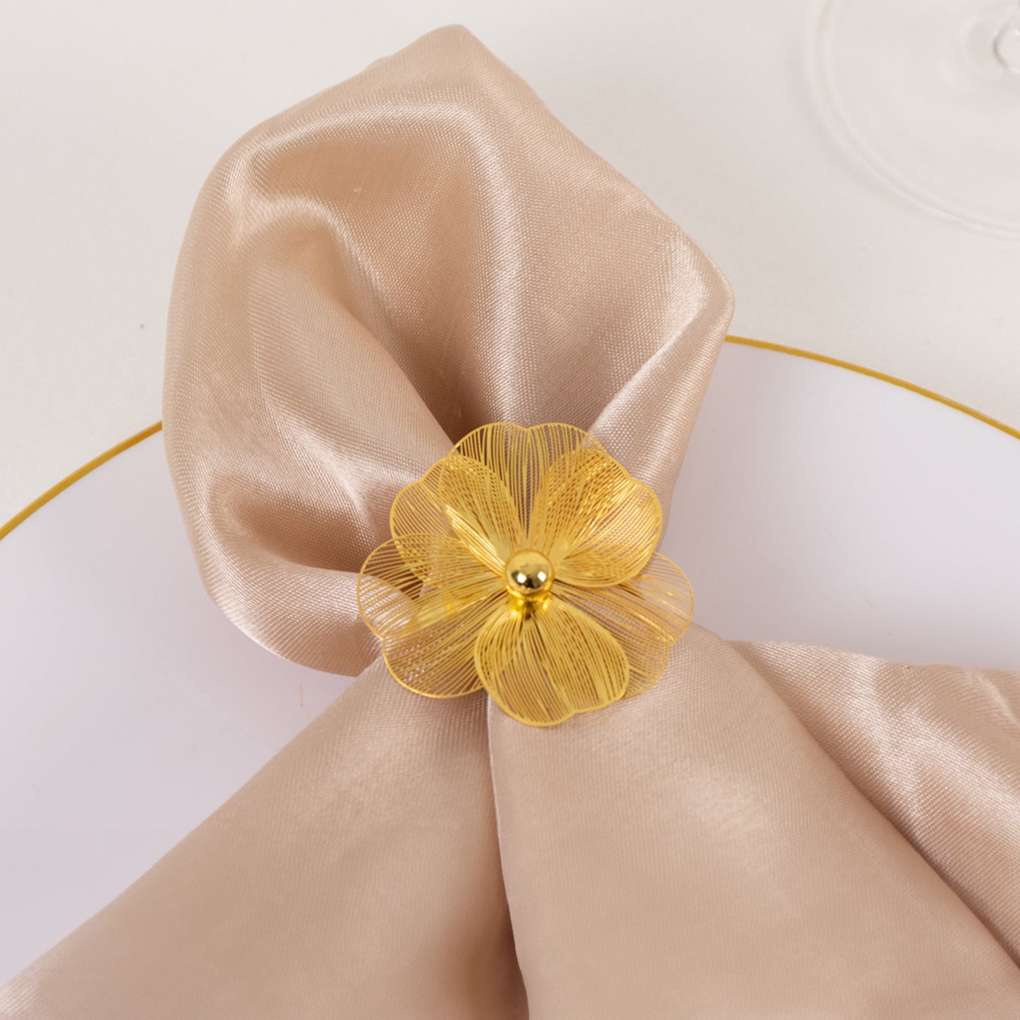 4 Pack Gold Metal Jasmine Flower Napkin Holders with Pearl Center, Decorative Floral Napkin Ring Bands - 2"