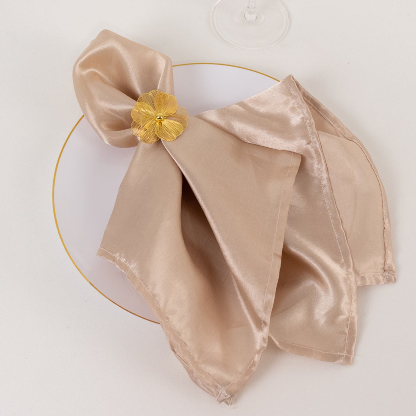 4 Pack Gold Metal Jasmine Flower Napkin Holders with Pearl Center, Decorative Floral Napkin Ring Bands - 2"