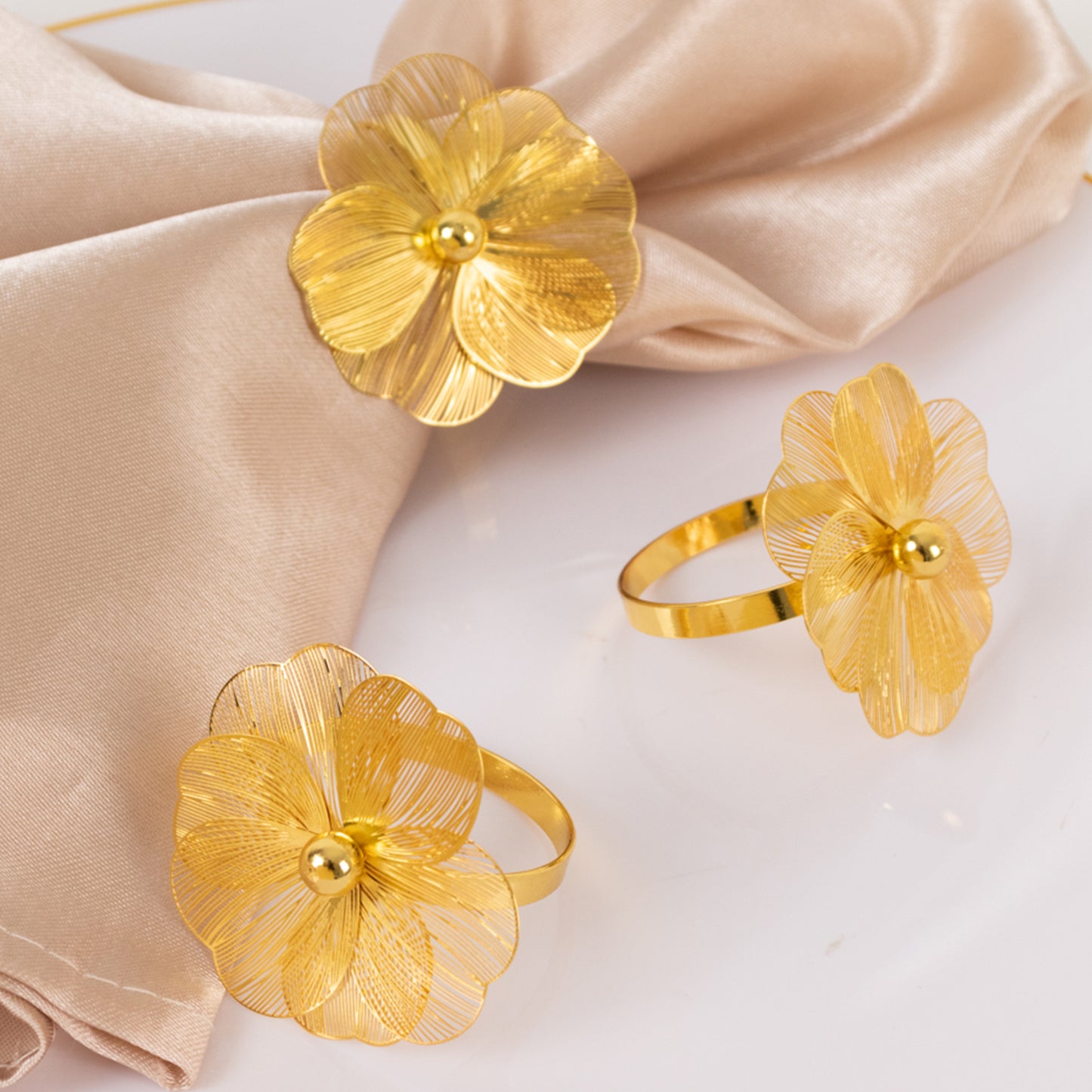 4 Pack Gold Metal Jasmine Flower Napkin Holders with Pearl Center, Decorative Floral Napkin Ring Bands - 2"