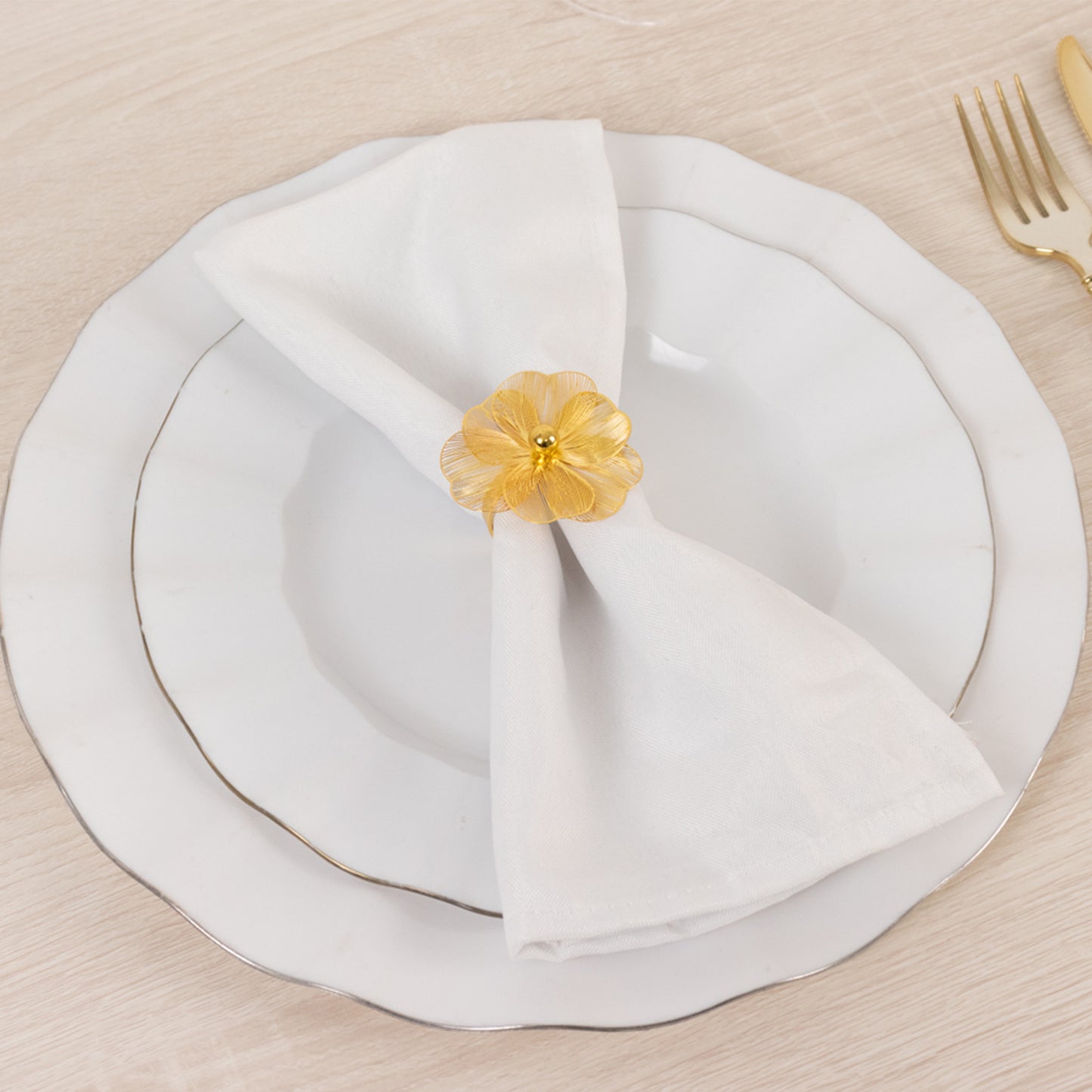 4 Pack Gold Metal Jasmine Flower Napkin Holders with Pearl Center, Decorative Floral Napkin Ring Bands - 2"