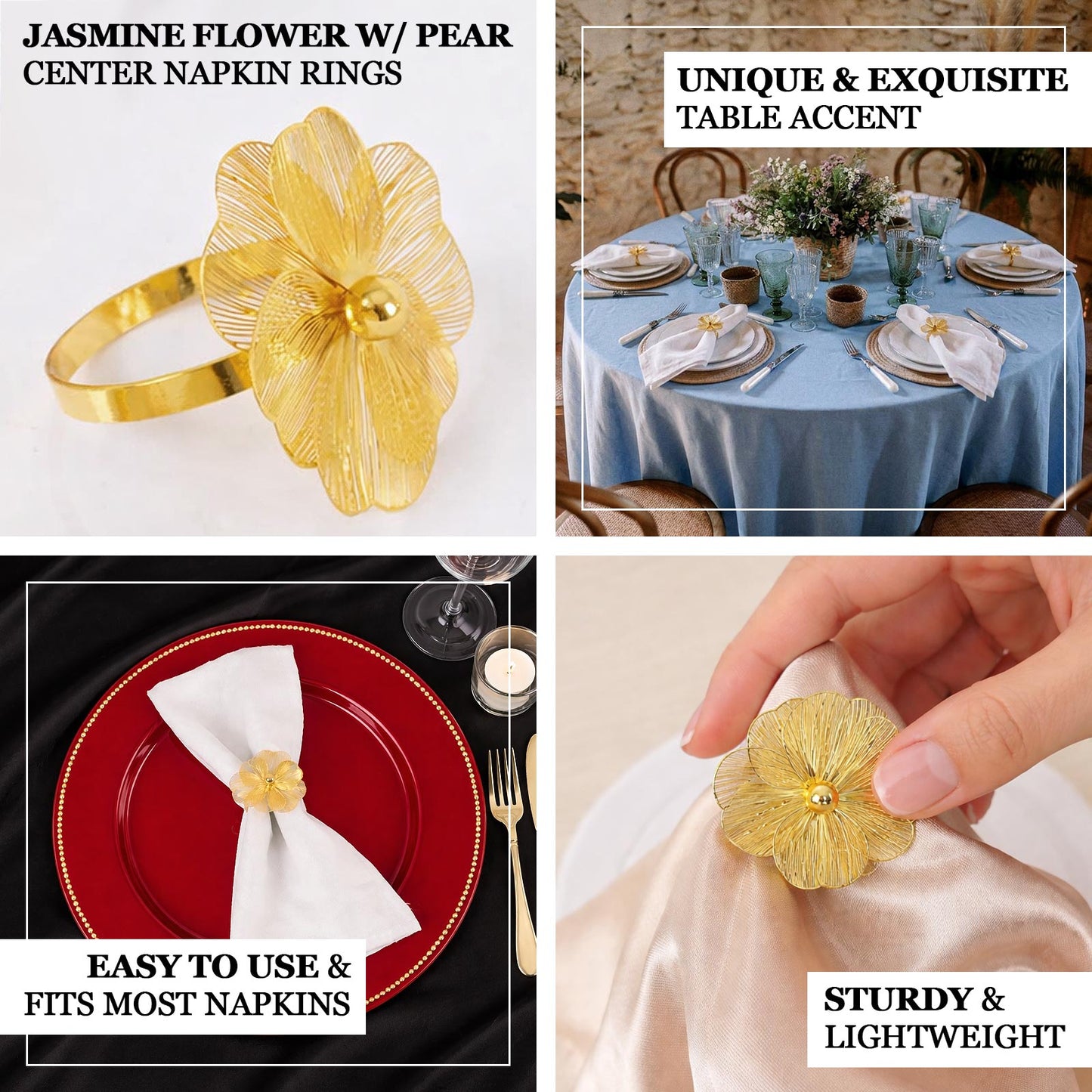 Gold metal jasmine flower napkin holders with pearl center for elegant table settings.