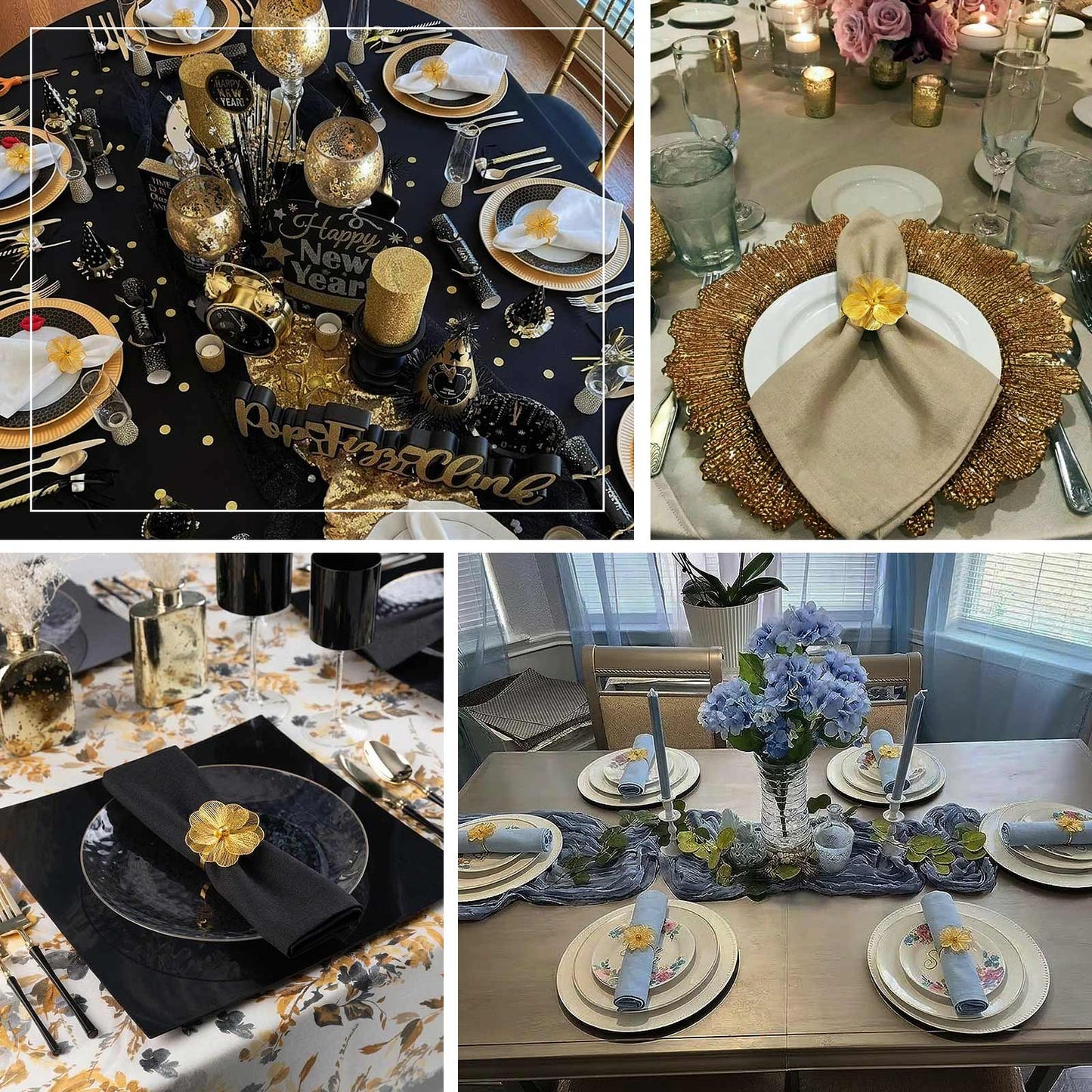 Gold metal jasmine flower napkin holders with pearl center on elegant table settings.