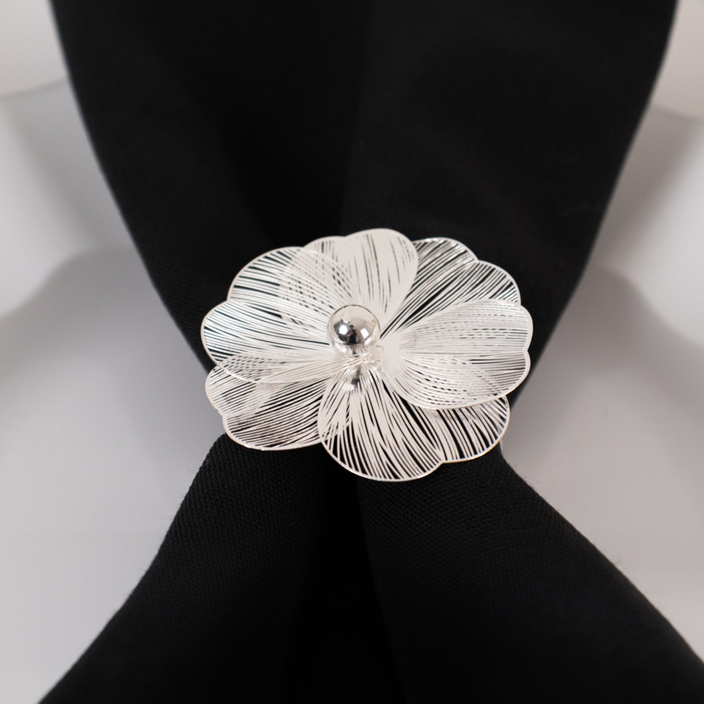 4 Pack Silver Metal Jasmine Flower Napkin Holders with Pearl Center, Decorative Floral Napkin Ring Bands - 2"