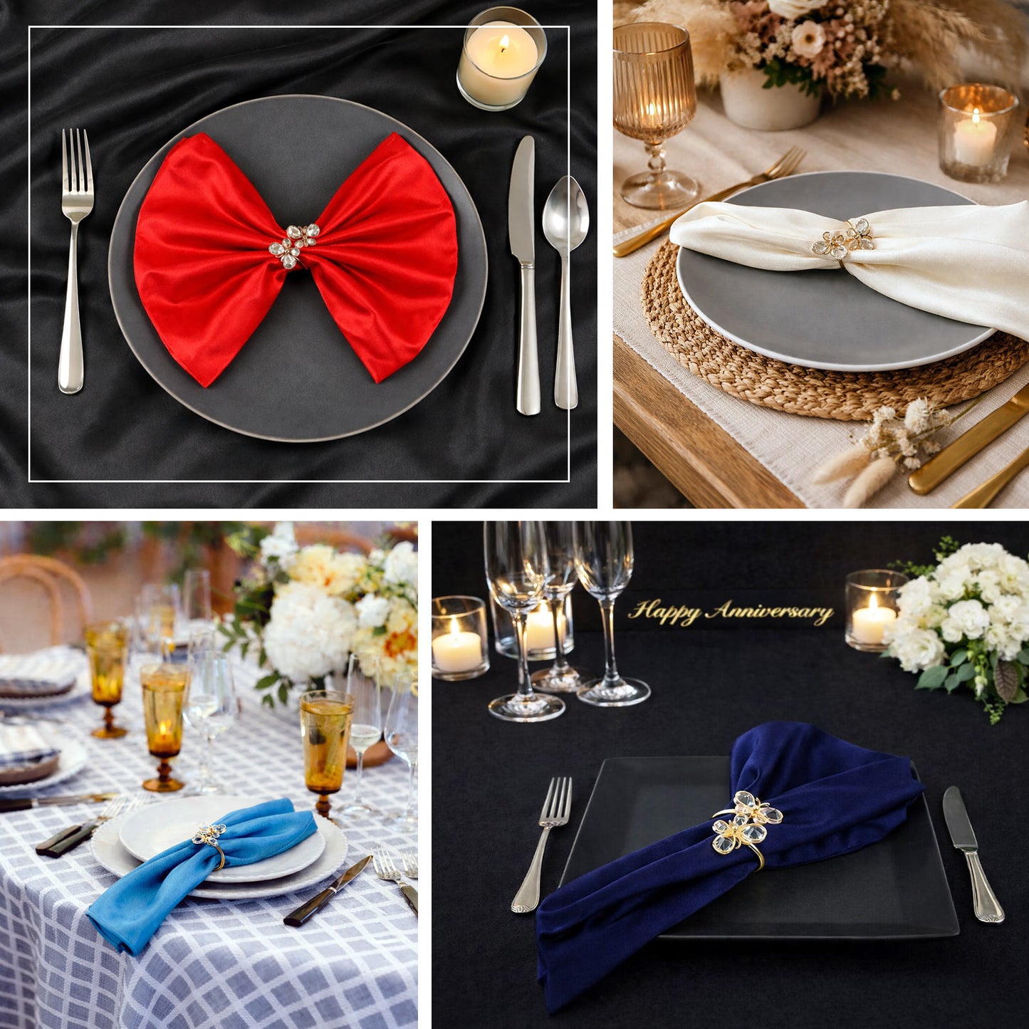 Gold butterfly napkin holders with crystal accents on elegant table settings.
