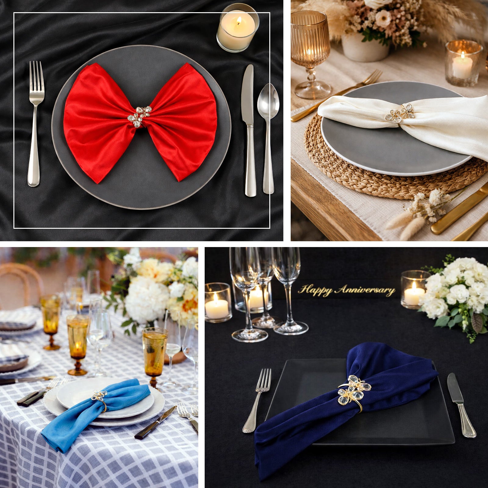 Gold butterfly napkin holders with crystal accents on elegant table settings.
