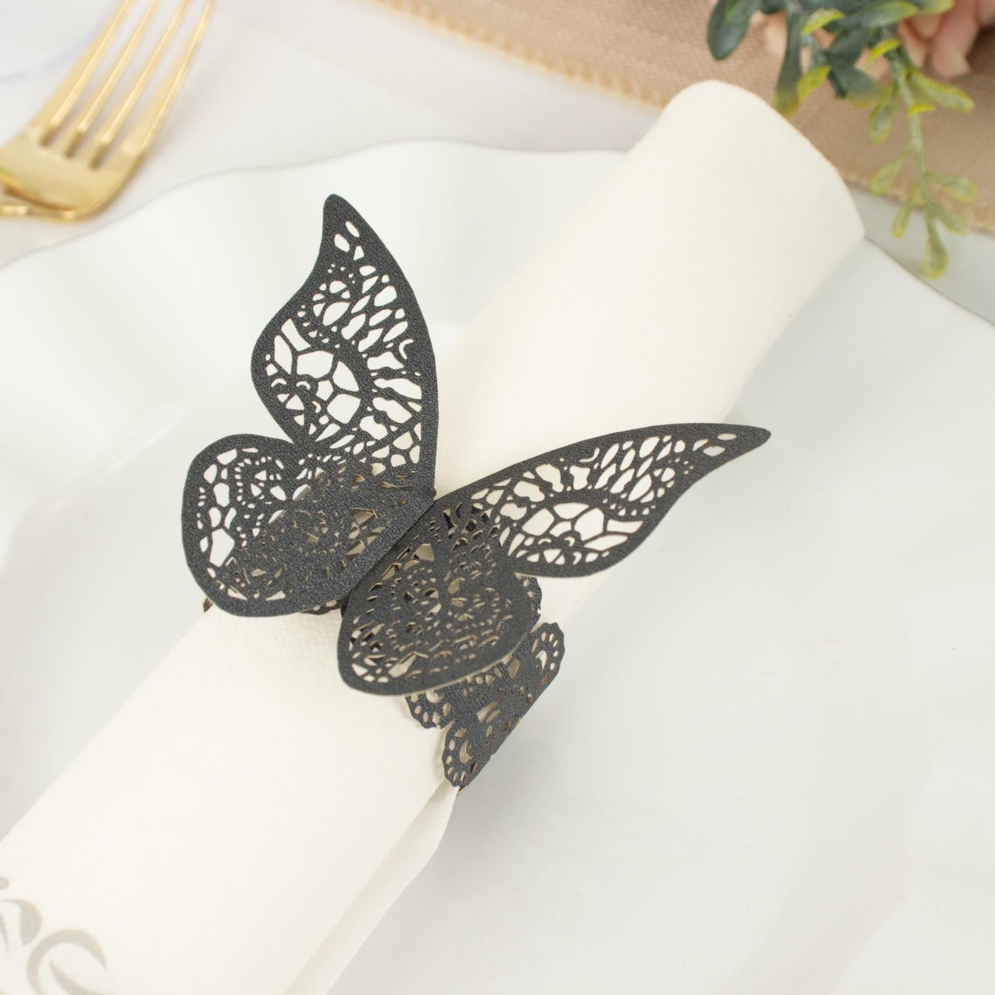 12 Pack | Black Shimmery Laser Cut Butterfly Paper Napkin Rings, Chair Sash Bows, Serviette Holders