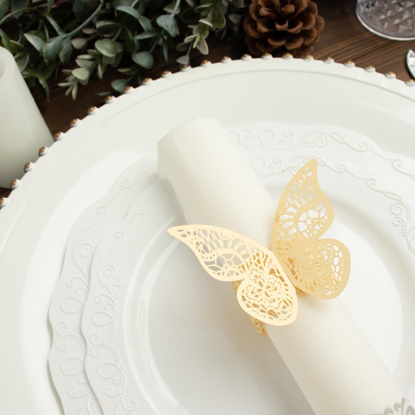 12 Pack | Champagne Shimmery Laser Cut Butterfly Paper Napkin Rings, Chair Sash Bows, Serviette Holders