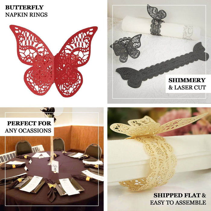 Red shimmery butterfly paper napkin rings for elegant table settings.
