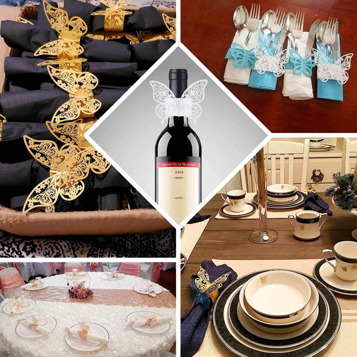 Red shimmery laser cut butterfly napkin rings for elegant table decor.