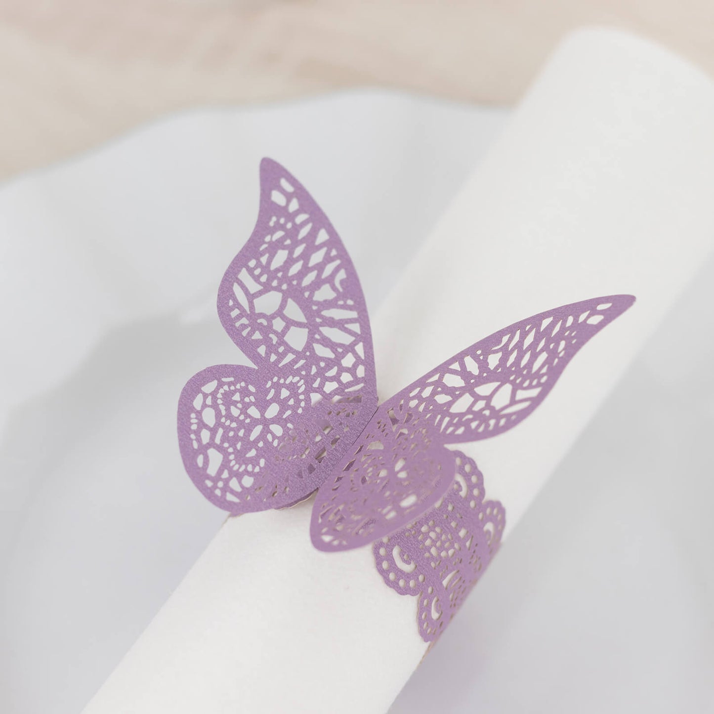 12 Pack Lavender 3D Butterfly Shimmery Paper Napkin Holders, Laser Cut Disposable Napkin Rings Bands with Lace Pattern