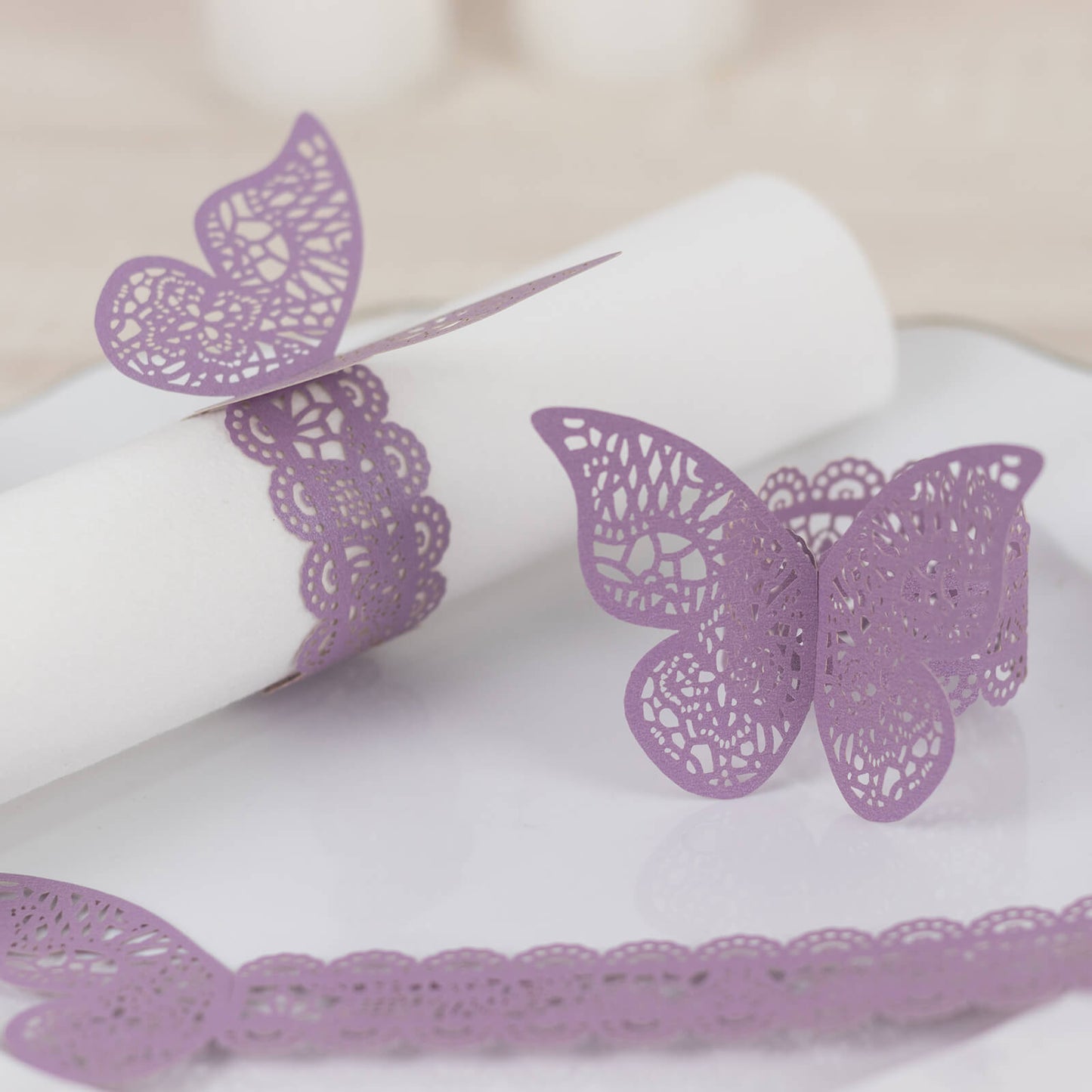 12 Pack Lavender 3D Butterfly Shimmery Paper Napkin Holders, Laser Cut Disposable Napkin Rings Bands with Lace Pattern