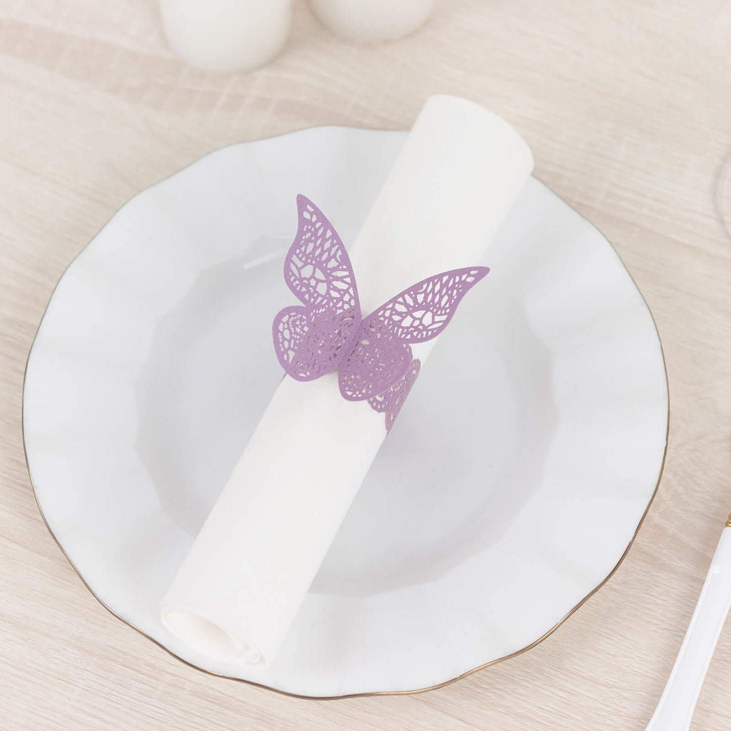 12 Pack Lavender 3D Butterfly Shimmery Paper Napkin Holders, Laser Cut Disposable Napkin Rings Bands with Lace Pattern