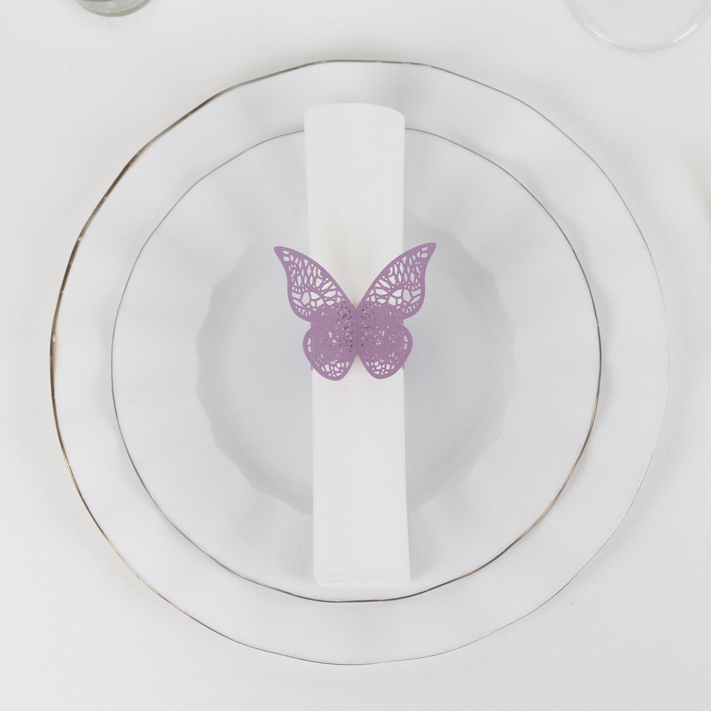 12 Pack Lavender 3D Butterfly Shimmery Paper Napkin Holders, Laser Cut Disposable Napkin Rings Bands with Lace Pattern