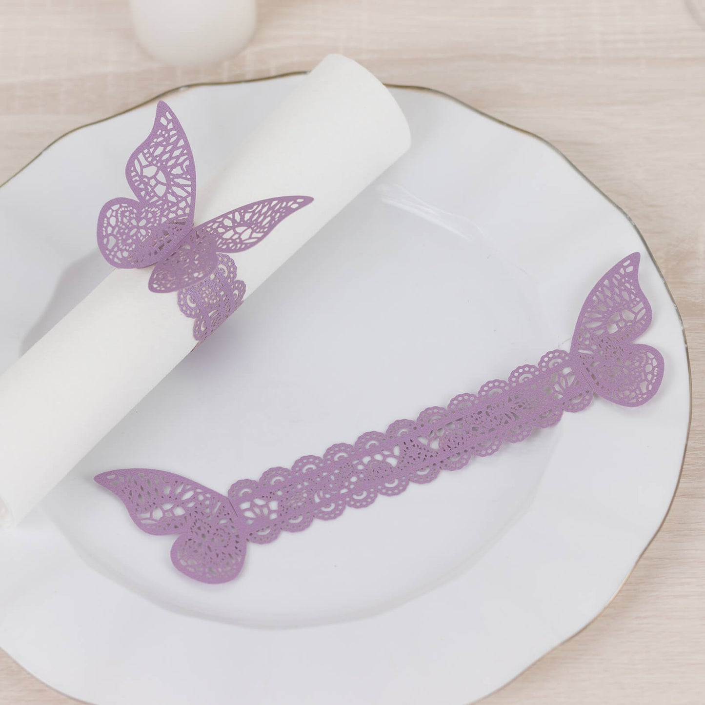 12 Pack Lavender 3D Butterfly Shimmery Paper Napkin Holders, Laser Cut Disposable Napkin Rings Bands with Lace Pattern