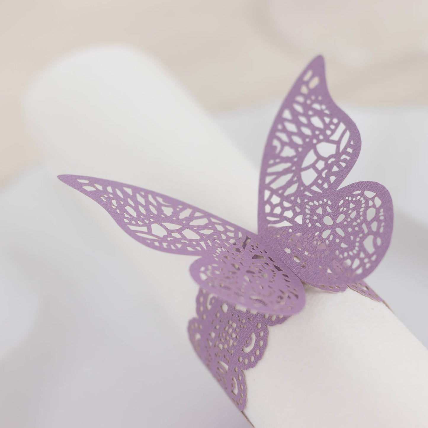 12 Pack Lavender 3D Butterfly Shimmery Paper Napkin Holders, Laser Cut Disposable Napkin Rings Bands with Lace Pattern