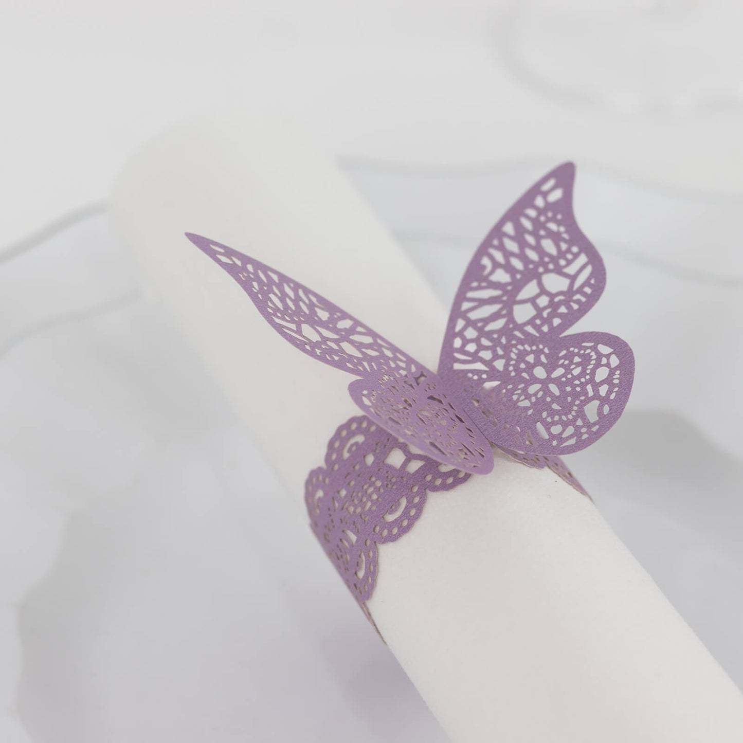 12 Pack Lavender 3D Butterfly Shimmery Paper Napkin Holders, Laser Cut Disposable Napkin Rings Bands with Lace Pattern