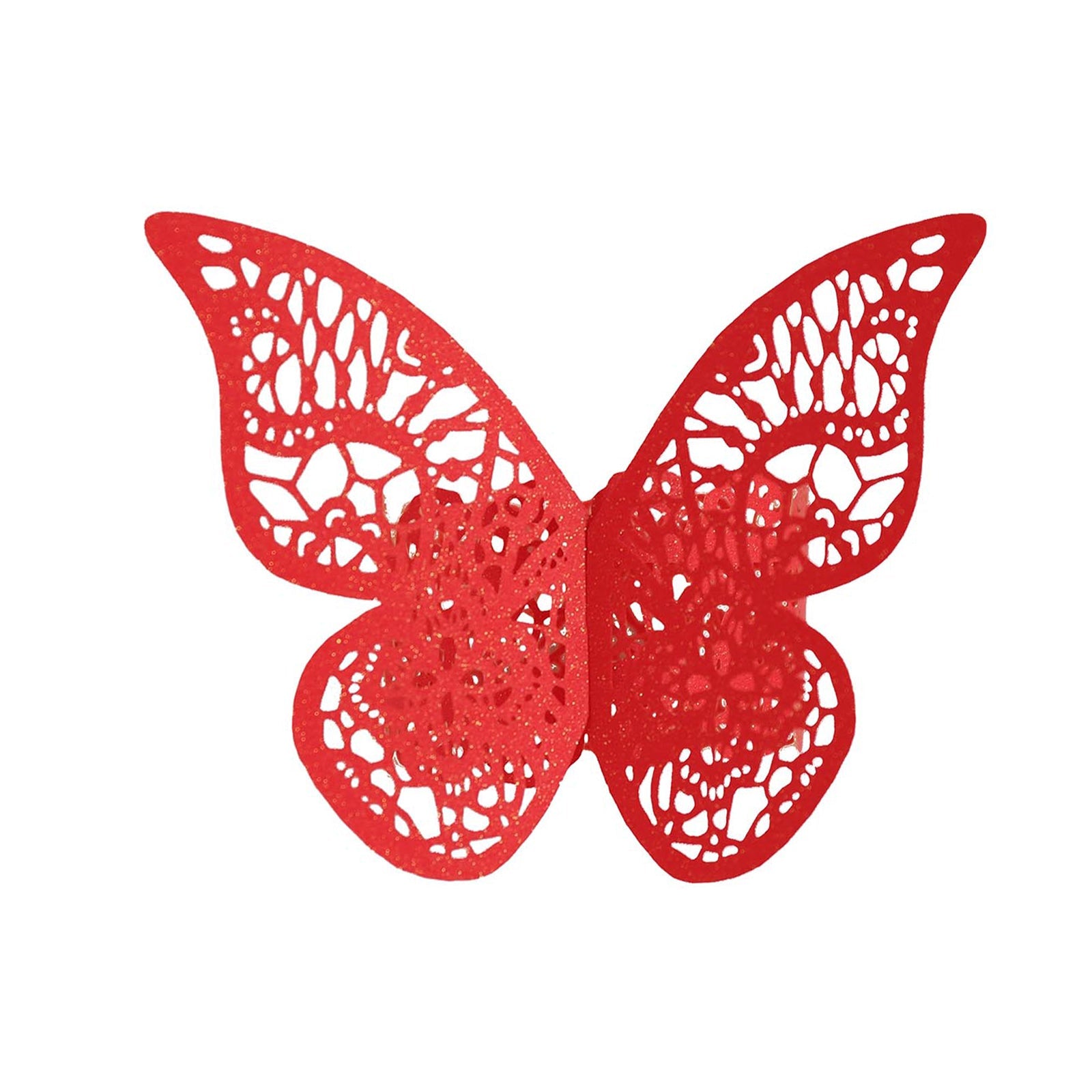Red shimmery laser cut butterfly napkin ring for elegant table decor.