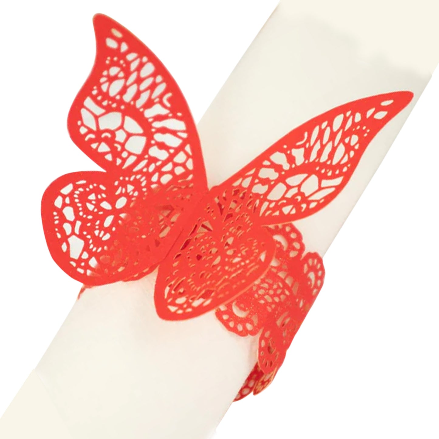 Red shimmery laser cut butterfly napkin rings for elegant table settings.