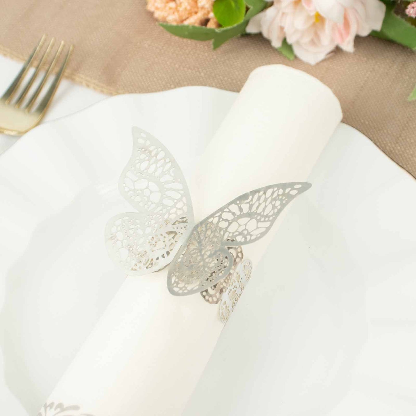 12 Pack | Metallic Silver Foil Laser Cut Butterfly Paper Napkin Rings, Chair Sash Bows, Serviette Holders