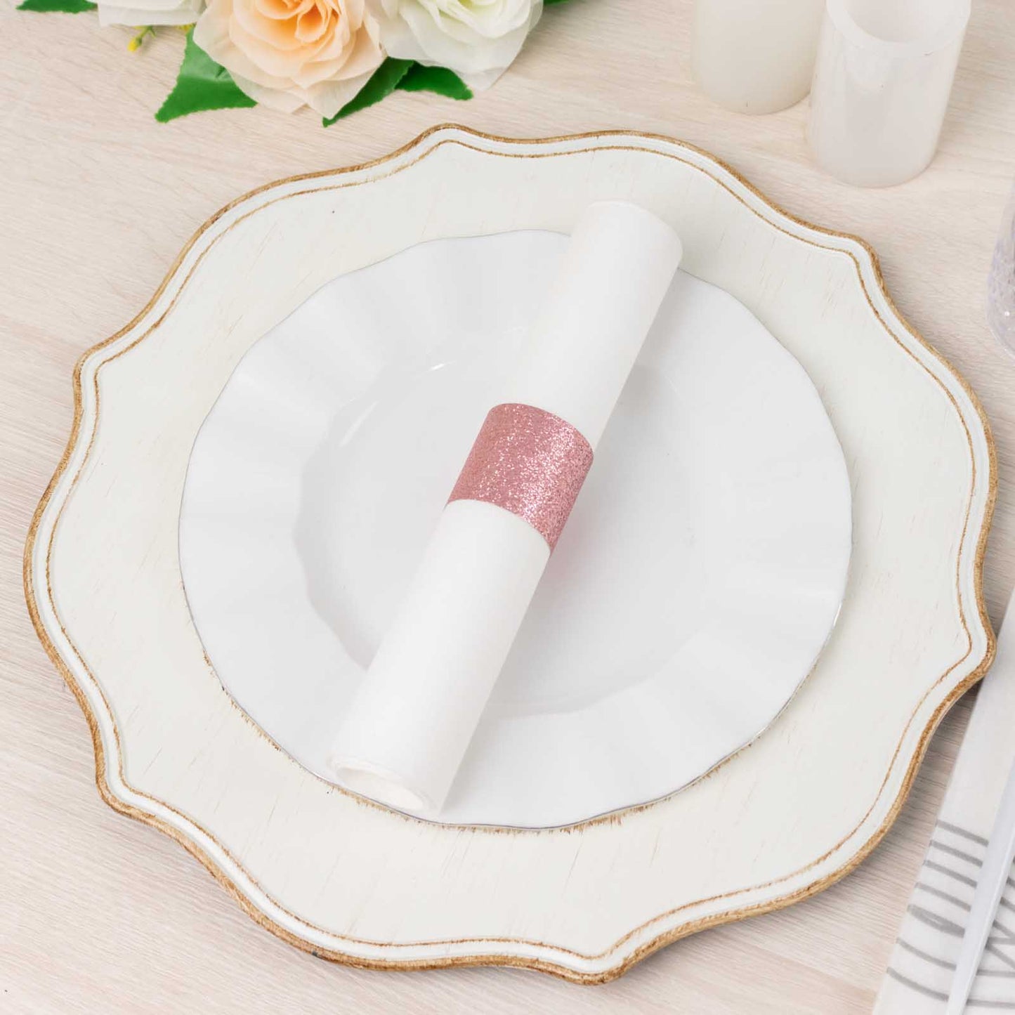 50 Pack Rose Gold Glitter Paper Napkin Holders, 1.5" Disposable Napkin Rings