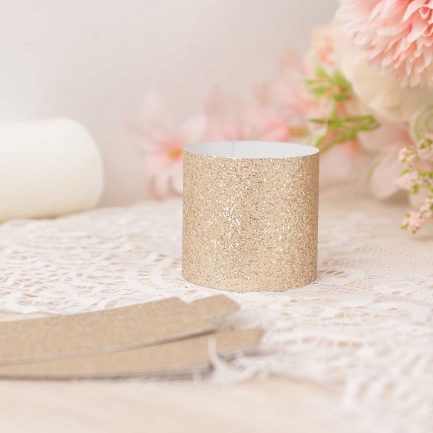 50 Pack Beige Glitter Paper Napkin Holders, 1.5" Disposable Napkin Rings