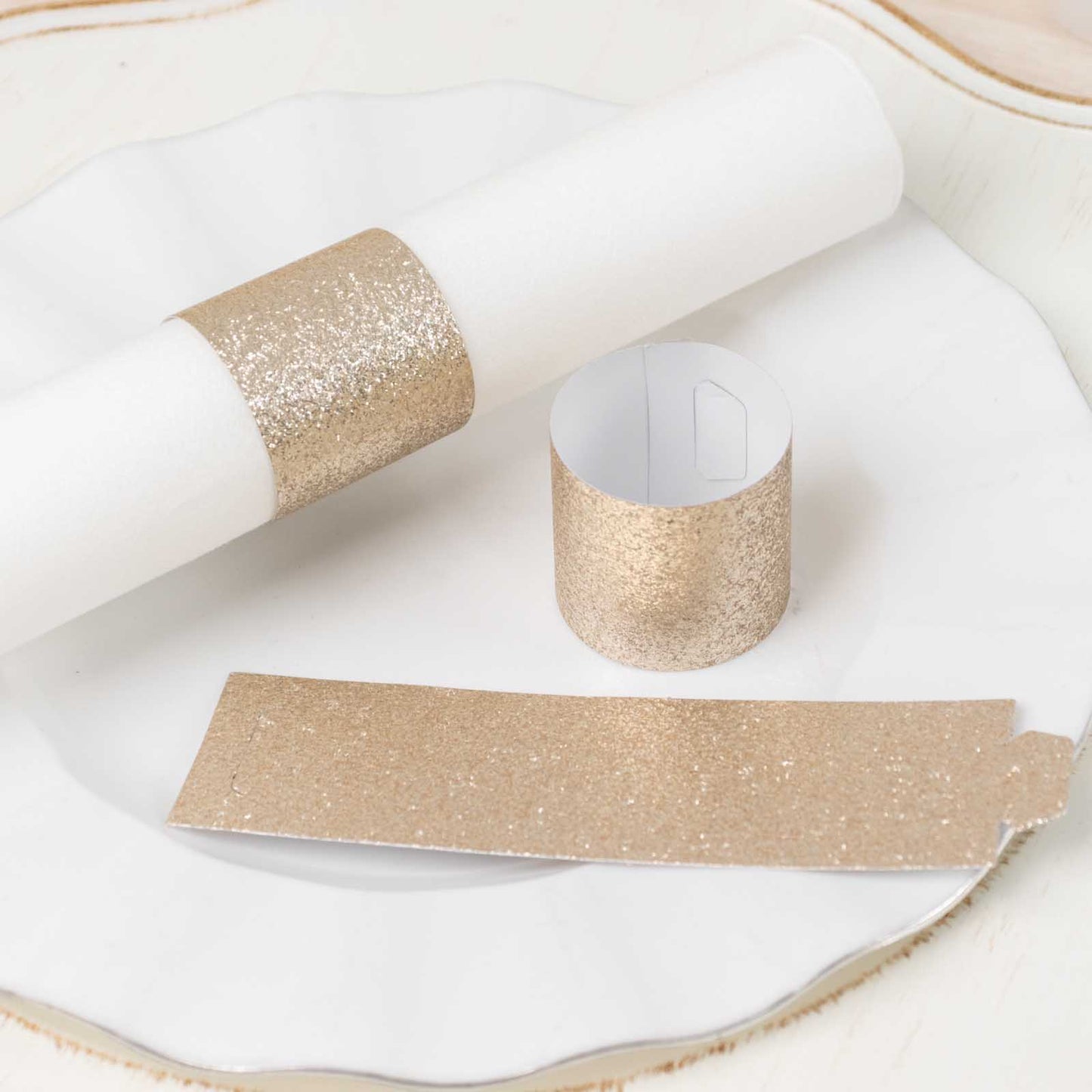 50 Pack Beige Glitter Paper Napkin Holders, 1.5" Disposable Napkin Rings