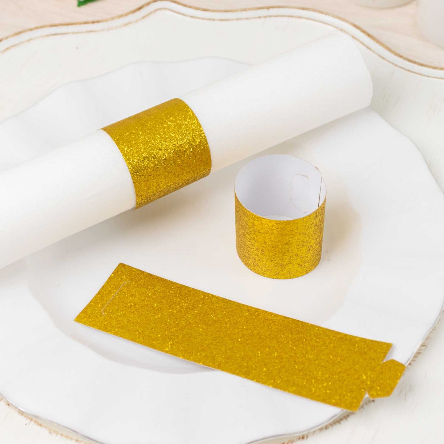 50 Pack Gold Glitter Paper Napkin Holders, 1.5" Disposable Napkin Rings