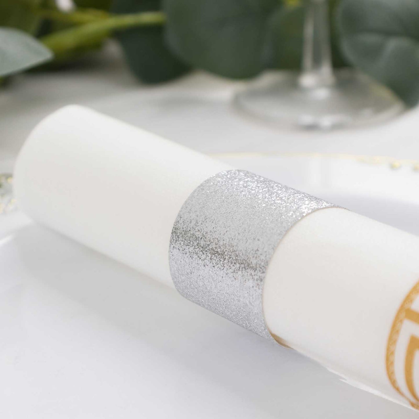 50 Pack Silver Glitter Paper Napkin Holders, 1.5" Disposable Napkin Rings