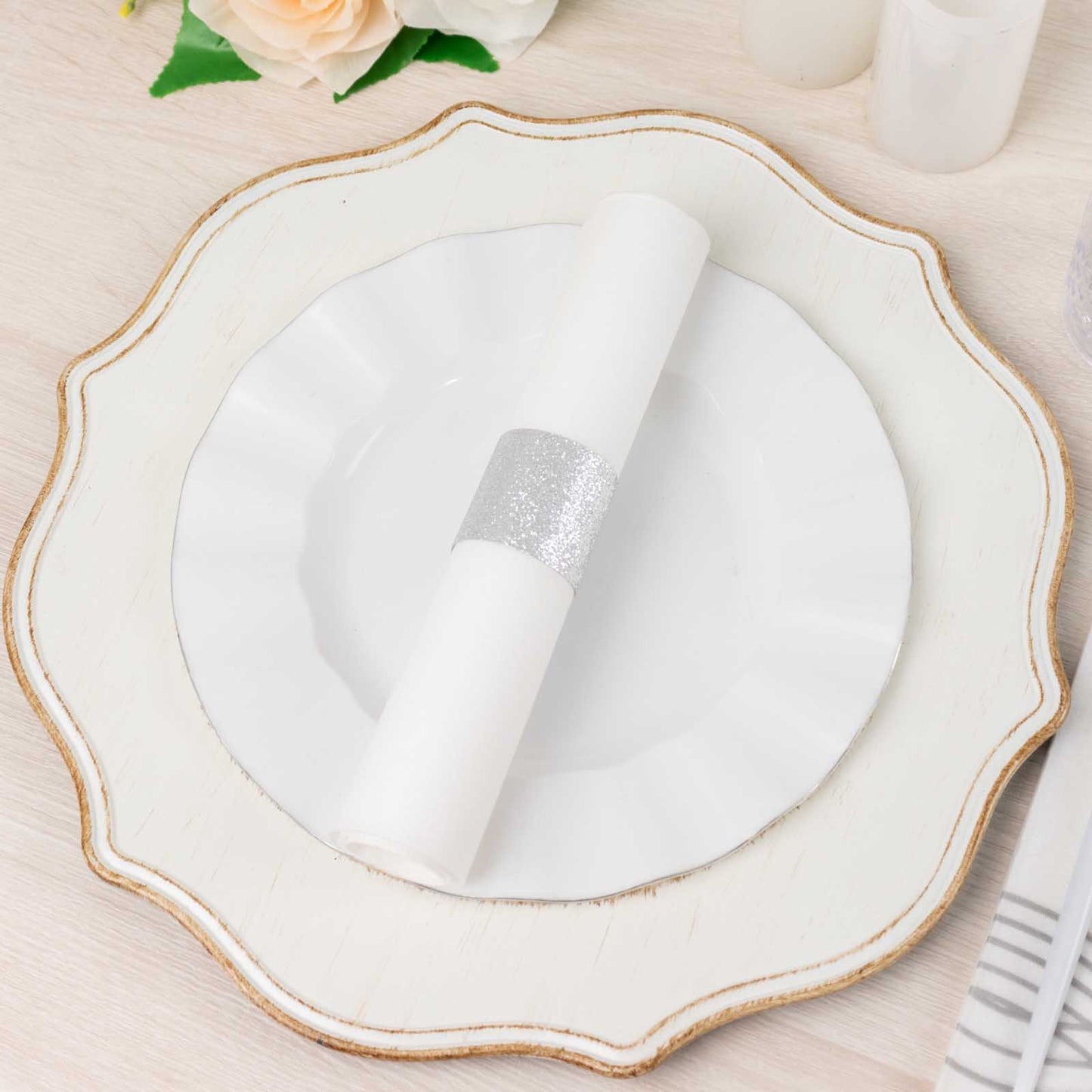 50 Pack Silver Glitter Paper Napkin Holders, 1.5" Disposable Napkin Rings