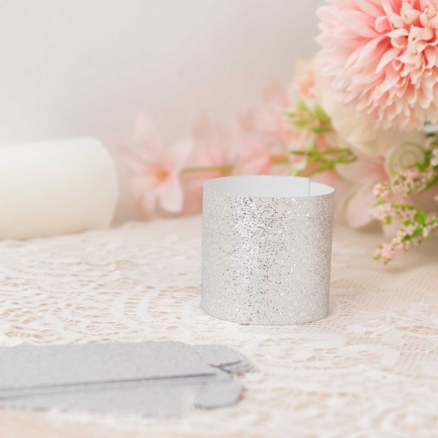 50 Pack Silver Glitter Paper Napkin Holders, 1.5" Disposable Napkin Rings