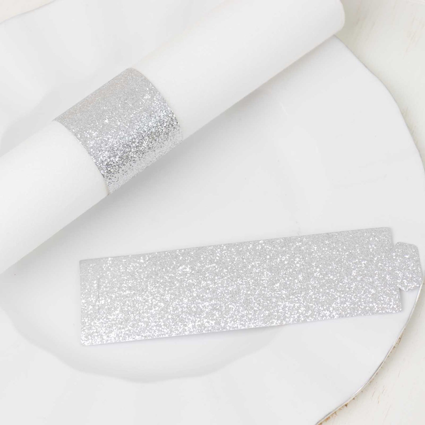 50 Pack Silver Glitter Paper Napkin Holders, 1.5" Disposable Napkin Rings