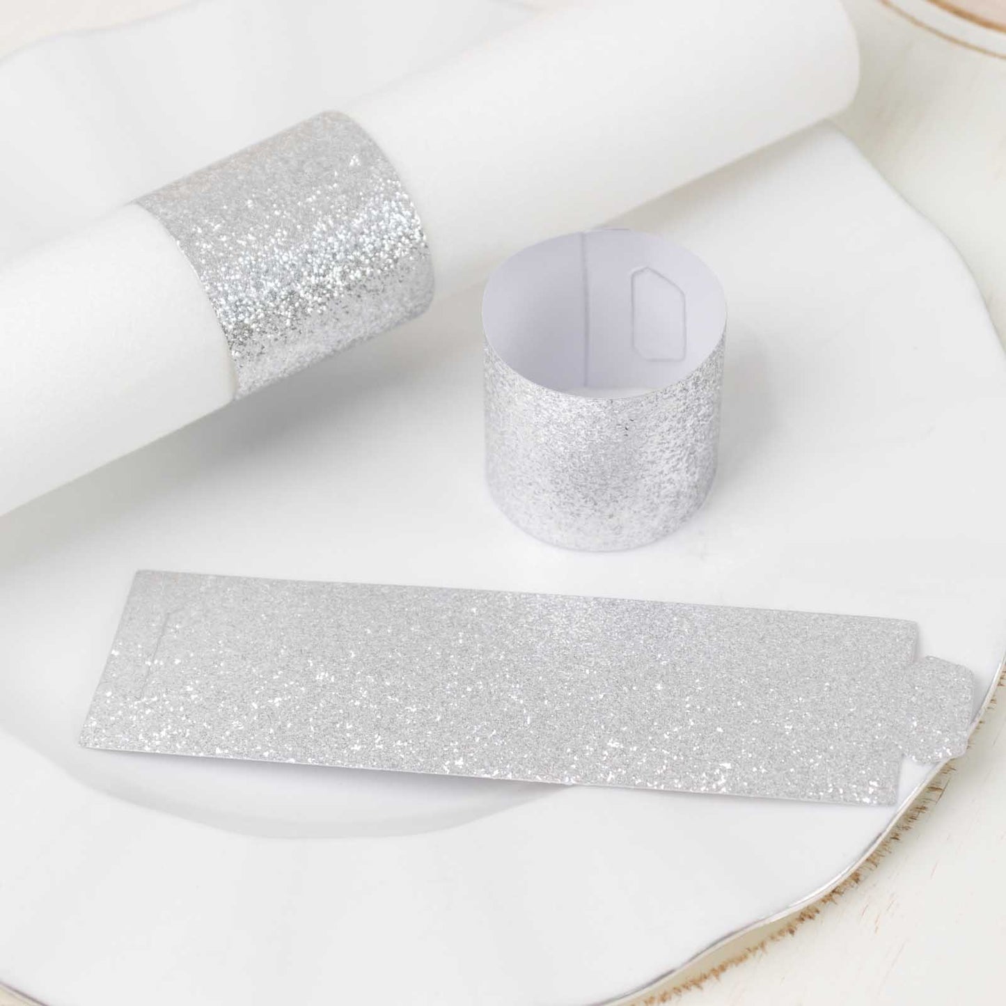 50 Pack Silver Glitter Paper Napkin Holders, 1.5" Disposable Napkin Rings