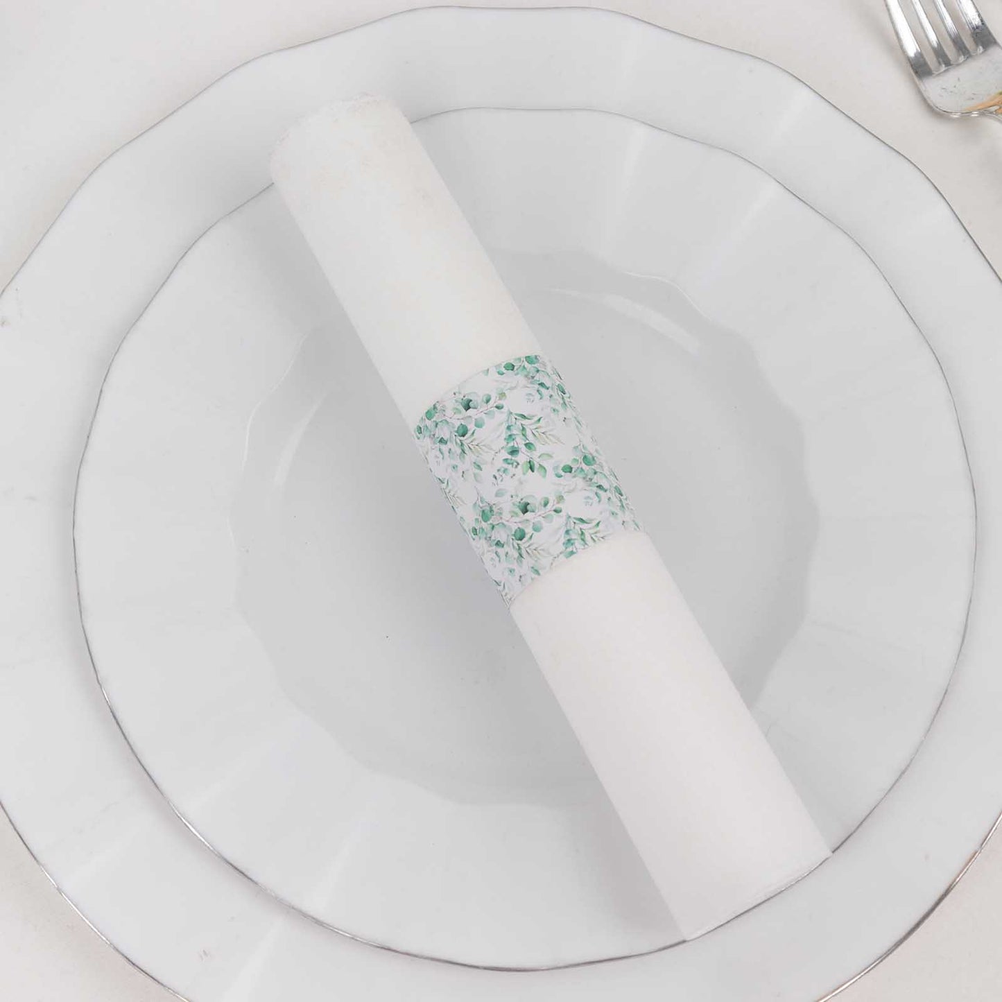 50 Pack White Green Paper Napkin Holder Bands with Eucalyptus Leaves, Disposable Napkin Rings - 1.5"